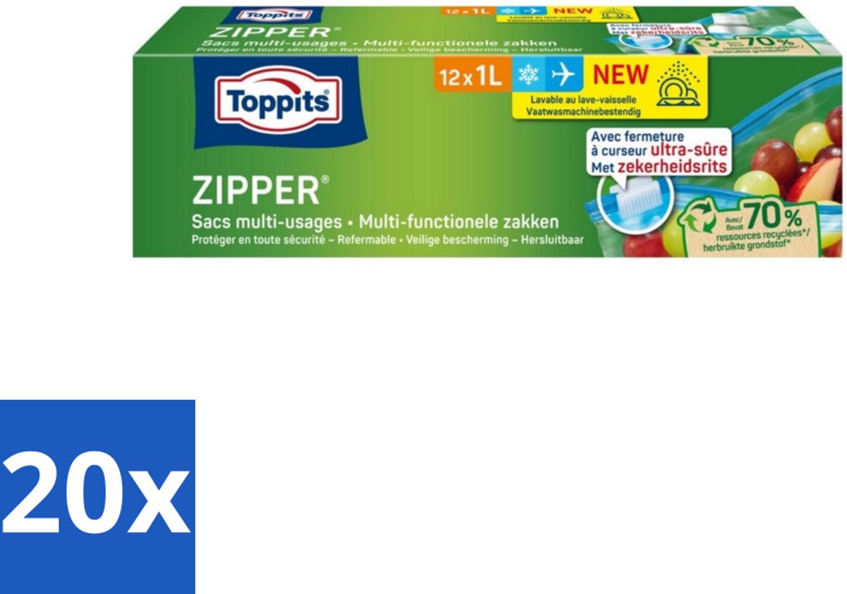 20 x Toppits – Zipper Multifunctionele Zakken – 1 Liter – 12 Zakjes - Voordeelverpakking - 20 stuks