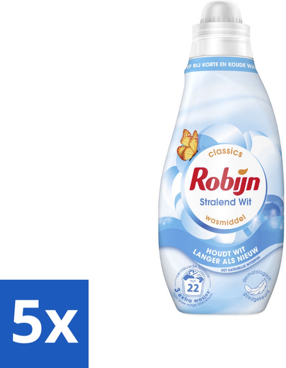 5 x Robijn – Vloeibaar Wasmiddel – Klein & Krachtig Classics Stralend Wit - 665 ml - Koffiezetapparaat