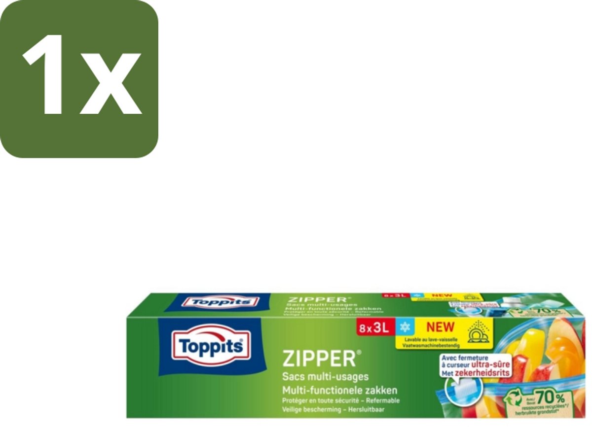 1 x Toppits – Zipper Multifunctionele Zakken – 3 Liter – 8 Zakjes - Koffiezetapparaat