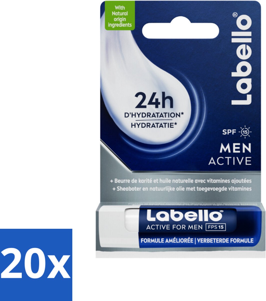 20 x Labello – Lippenbalsem – Active For Men – SPF 15 – 4,8 g - Lippenbalsem Voor Mannen - Droge Lippen - Actieve Verzorging - Glansloos - SPF 15