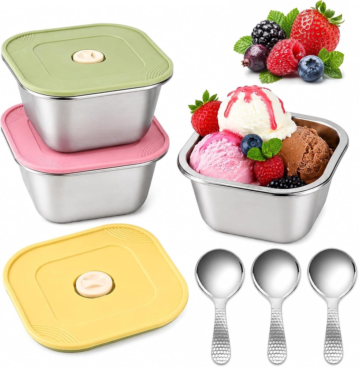Set van 3 herbruikbare ijscontainers van roestvrij staal met siliconen deksels, ideaal voor ijs, yoghurt, snacks en fruit, inclusief 3 lepelletjes, 400ml per container