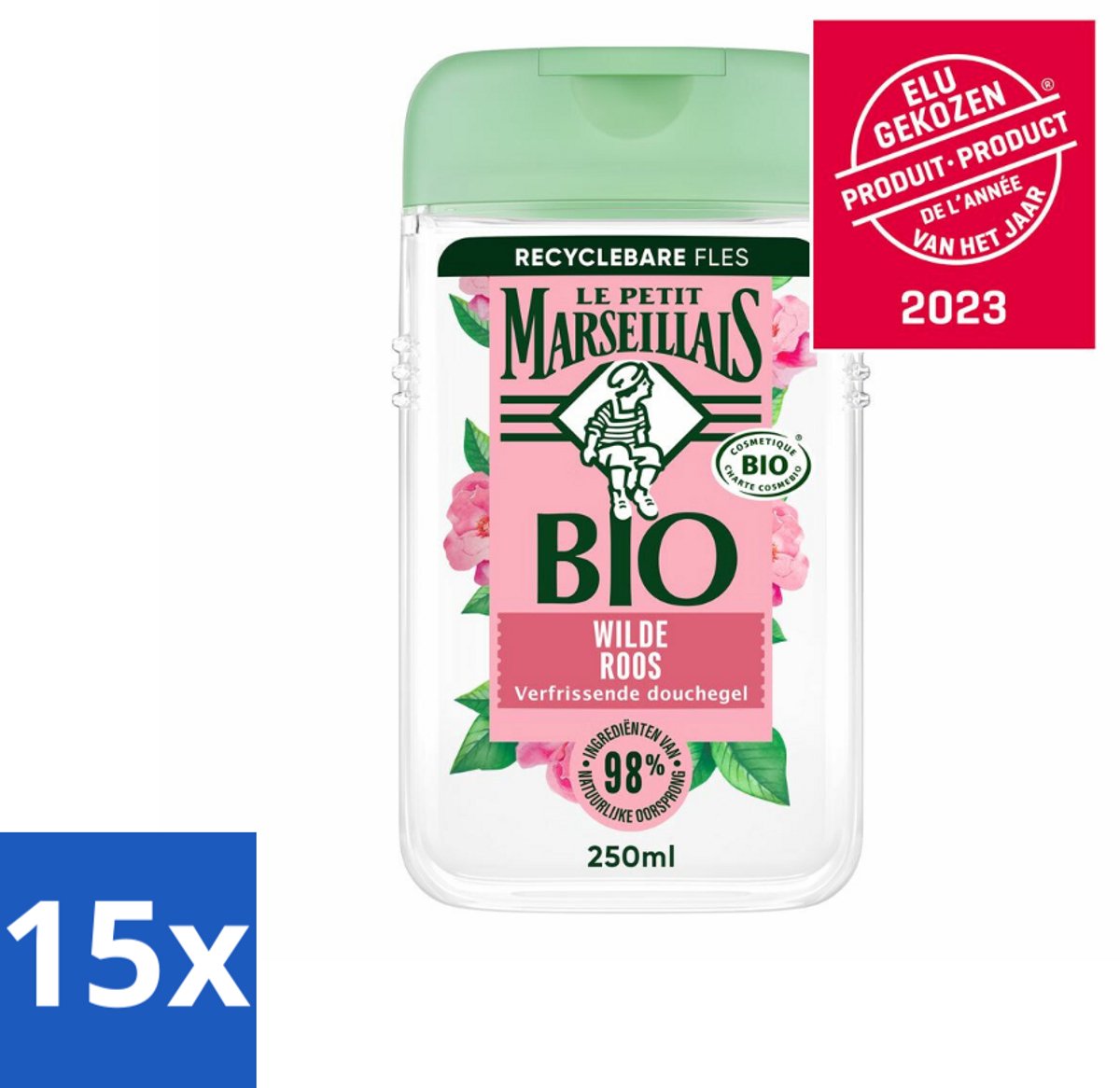 15 x Le Petit Marseillais – Douchegel – Bio Wilde Roos – Verfrissend – 250 ml - Voordeelverpakking - 15 stuks