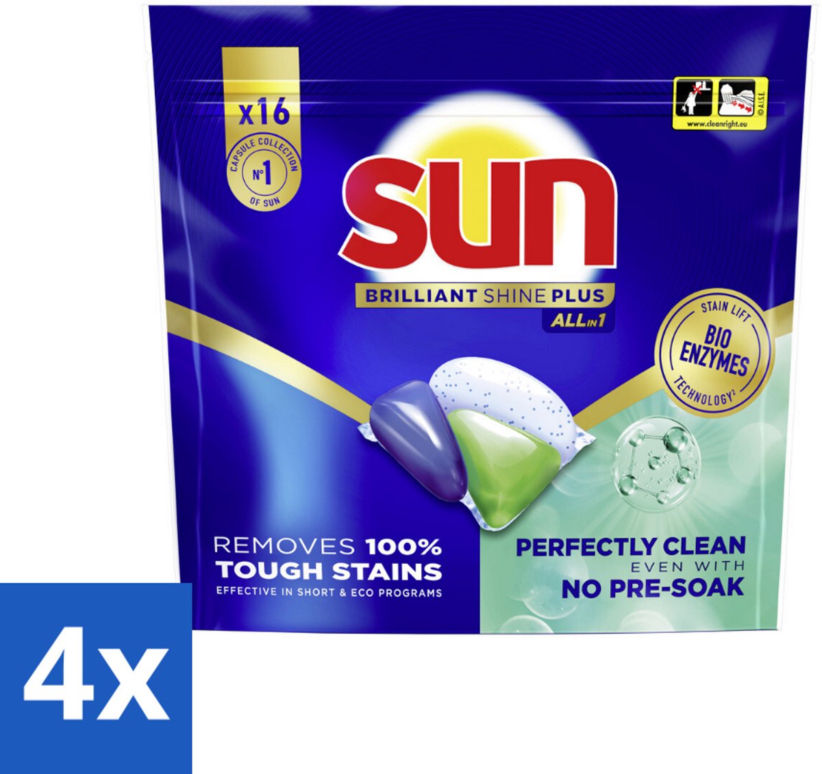 4 x Sun – Vaatwascapsules – Brilliant Shine+ All-in-1 – 16 capsules - Vaatwasmiddel - Vaatwascapsules - Schone Vaat - Glans - Droge Vaat