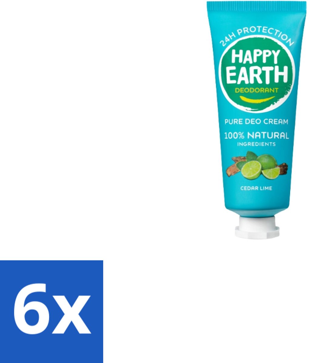 6 x Happy Earth – Deodorant Cream – 100% Natuurlijk Cedar Lime – 40 ml - Natuurlijke Deodorant - Deodorant Crème - Frisse Geur - Cederhout - Limoen