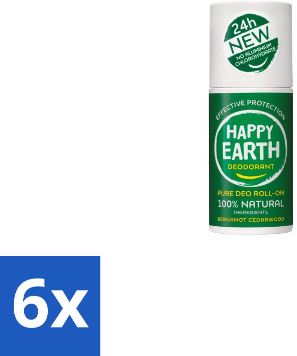 6 x Happy Earth – Deodorant Roll-On – 100% Natuurlijk Bergamot Cedarwood – 75 ml - Bergamot - Cederhout - Natuurlijke Deodorant - Roll-on Deodorant - 24 Uur Bescherming