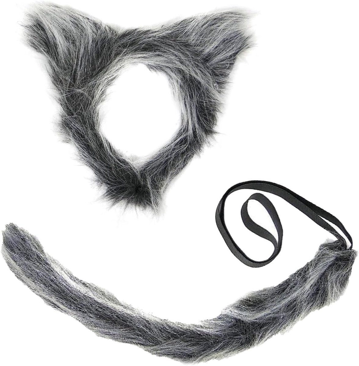 Wolf Cosplay Kostuum Set met Oren Hoofdband en Staart van Grijze Wolf - Faux Fur Outfit voor Halloween en Verkleedfeest