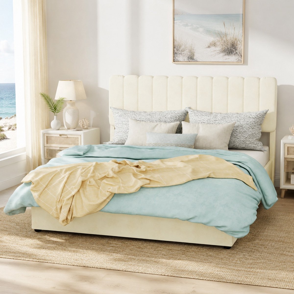 Wishdor Bedframe 140x200 cm - Gestoffeerd hoofdbord - Opbergruimte met gaslift - Modern minimalistisch - Beige - Stof - Tweepersoons