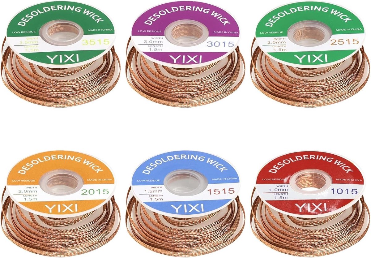 Set van 6 desoldering braids (1.0/1.5/2.0/2.5/3.0/3.5 mm) voor het verwijderen van soldeerverbindingen en demontage van elektrische onderdelen, ideaal voor elektronica-reparaties en hobbyprojecten.