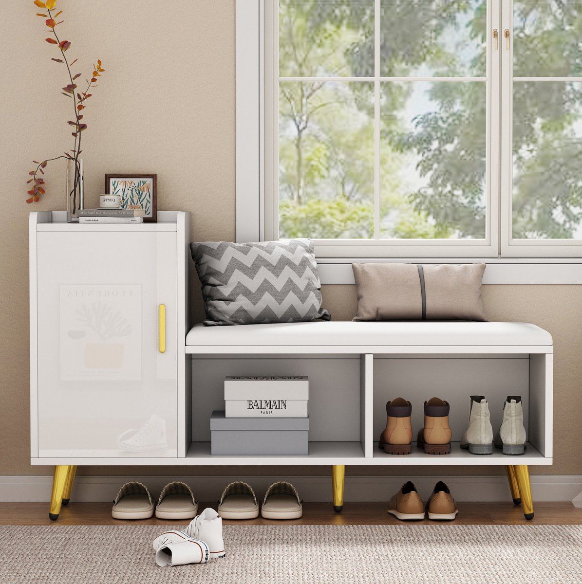 Schoenenkast Met Zitbank - Hoogglans Wit Met Verstelbare Planken En Gouden Details - Voor Hal En Entree - 120x35x71,5 Cm