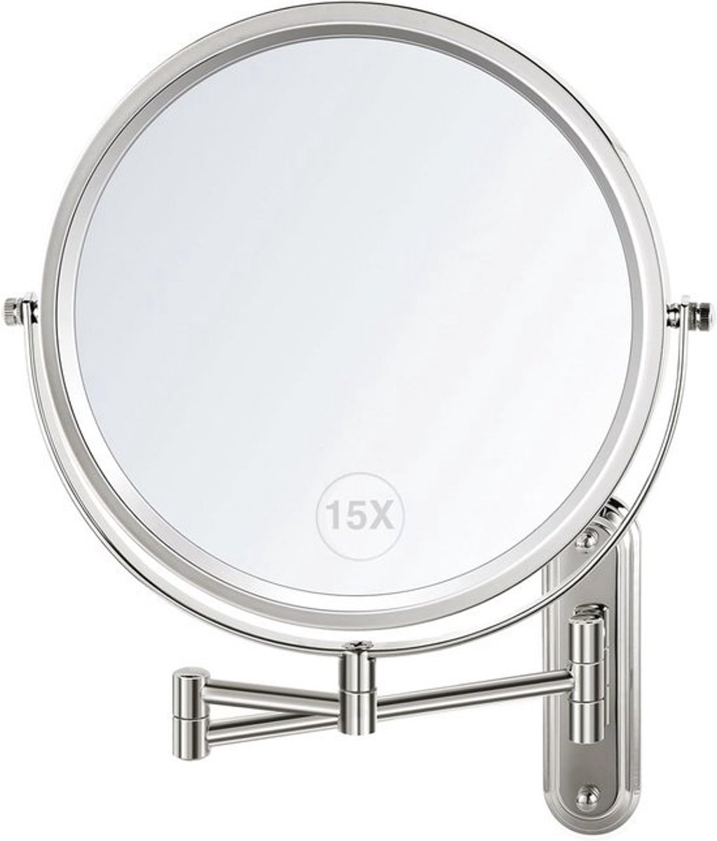 Dubbelzijdige 8,5 inch make-upspiegel met verlengde arm - 1X/15X vergrotende spiegel voor make-up en scheren - chroom afwerking