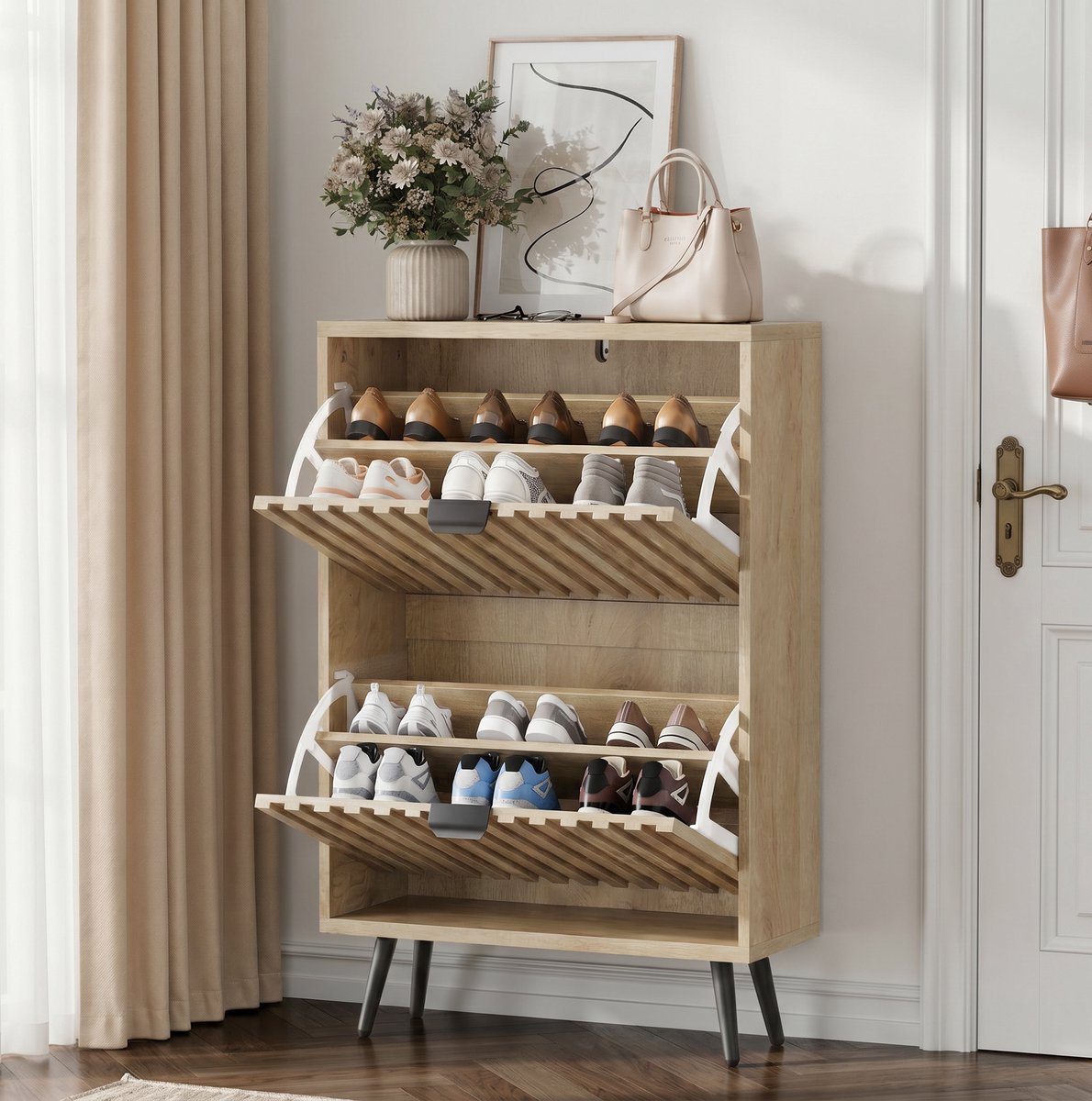 OKWISH Schoenenkast - Staand Rek Met 2 Kippvakken - Smal 60 Cm Voor Hal En Entree - Oak Met MDF En Metaal - 95 X 60 X 24 Cm
