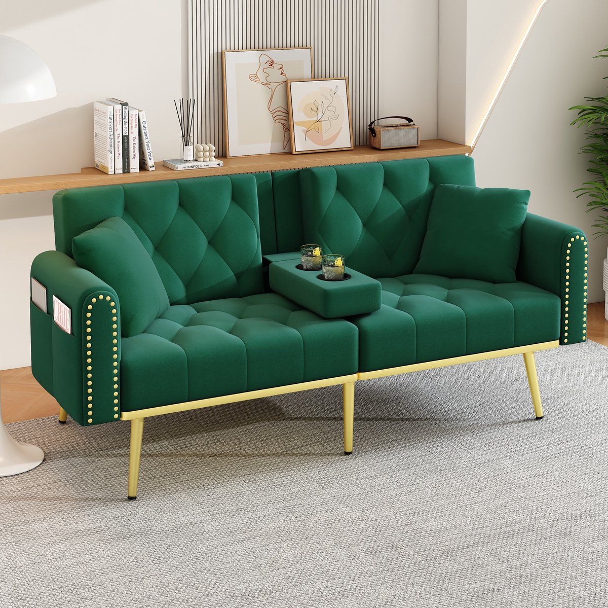 Wishdor Slaapbank - 2-zits met verstelbare rugleuning en bekerhouder - Velvet met kussens - Design - Woonkamer slaapkamer logeerkamer - Groen - 175 x 80 x 73,5 cm