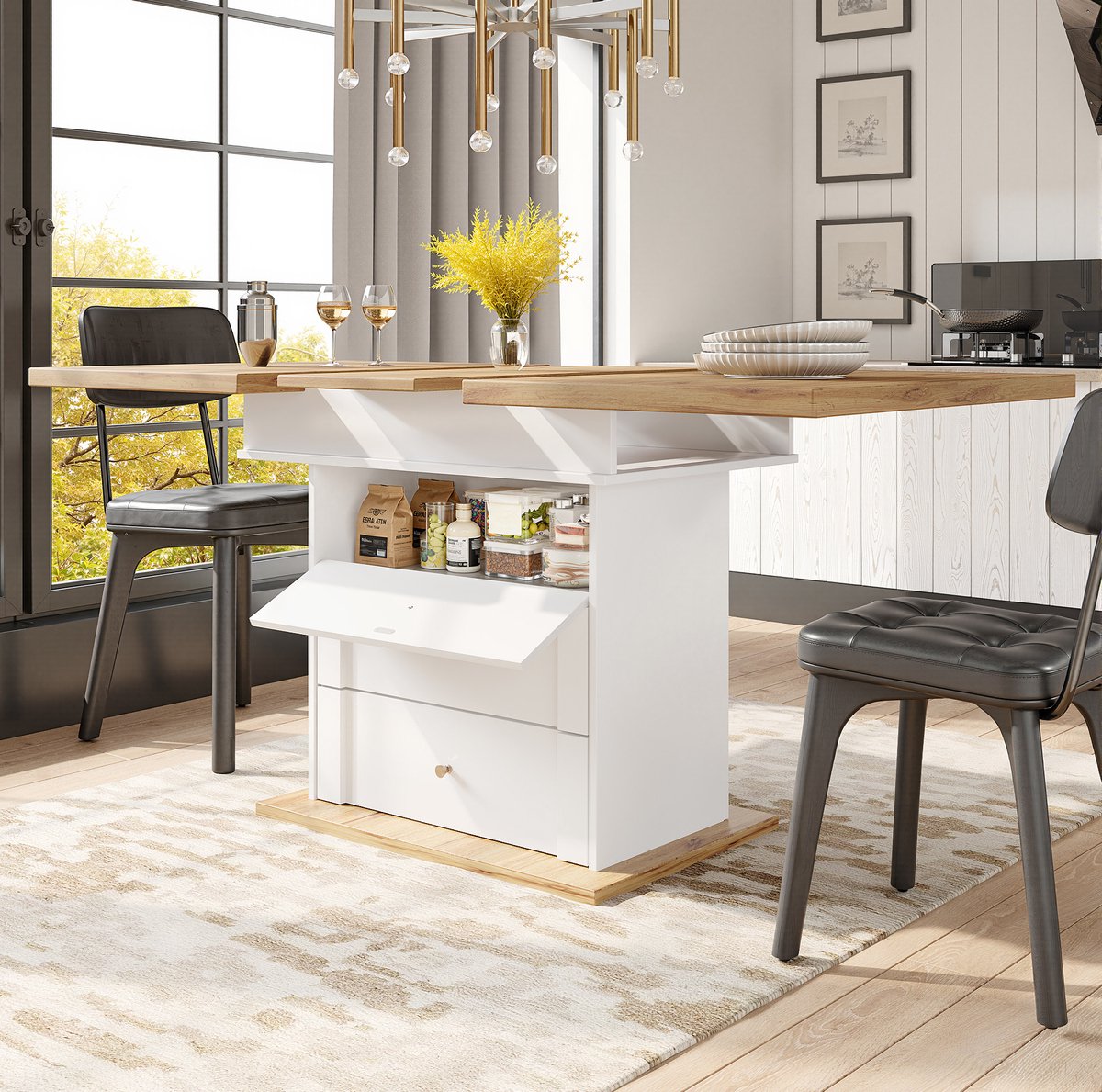 Wishdor Uitschuifbare eettafel - Rechthoekig - Opklapbare klapdeur - Modern ontwerp - Keuken woonkamer eetkamer - MDF met metaal - Wit - 110-140 x 80 x 75 cm