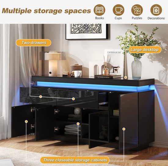 OKWISH Dressoir Zwart Hoogglans 2 Lades 4 Deuren LED Verlichting 140 X 35 X 72,5 Cm Opbergkast Voor Woonkamer En Eetkamer van okwish — afbeelding 3