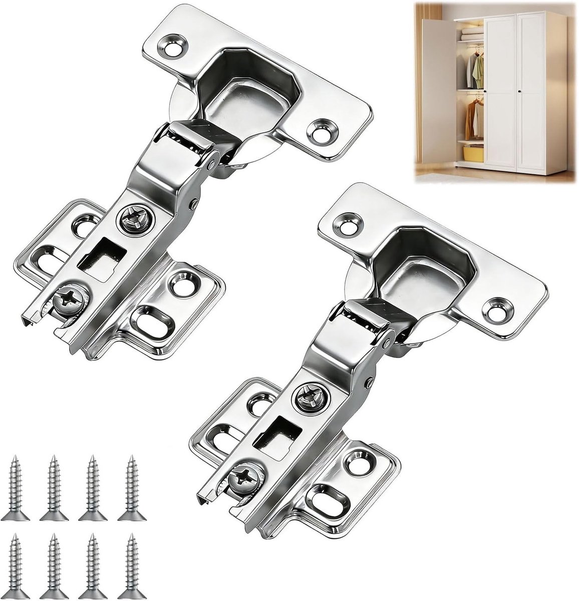 Set van 2 Soft Close Scharnieren voor Kastdeuren, Zelfsluitende Scharnieren voor Meubels, 3D Verstelbare Scharnieren voor Kasten en TV-meubels