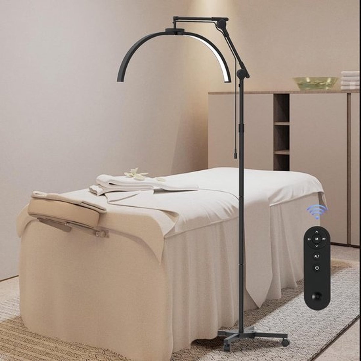 Opvouwbare LED Wimperverlengingslamp met Telefoonhouder en Wielen - Halve Maanlamp voor Schoonheidsspecialisten