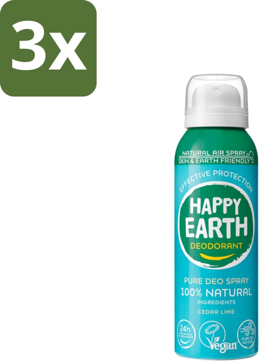 Happy Earth – Deodorant Natural Air Spray – 100% Natuurlijk Cedar Lime – 100 ml - Bulkverpakking - 3 stuks