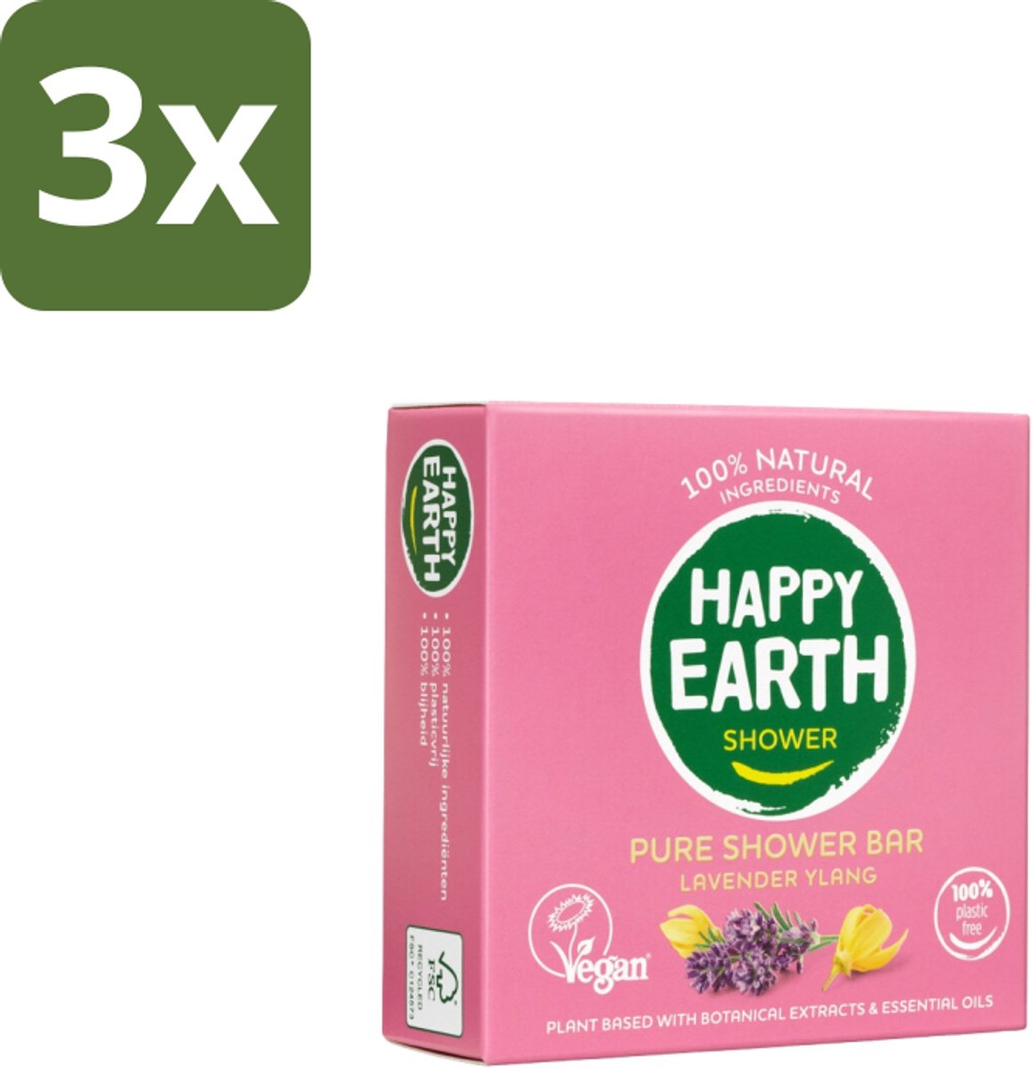 Happy Earth – Shower Bar – 100% Natuurlijk Lavender Ylang – 90 g - Bulkverpakking - 3 stuks