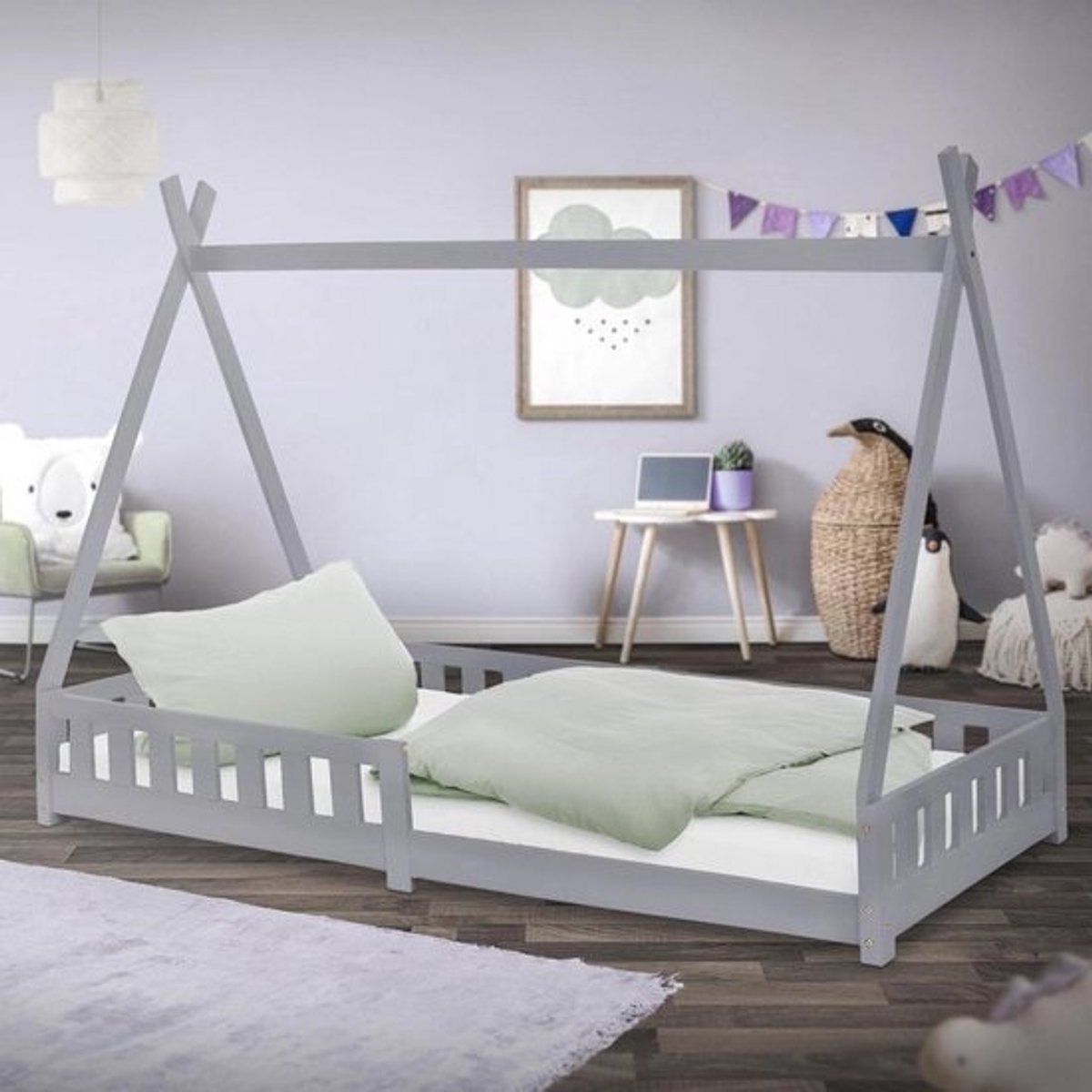 Kinderbed Tipi 90x200 cm met Uitvalbeveiliging en Lattenbodem - Lichtgrijs Houten Huisbed voor Kinderen