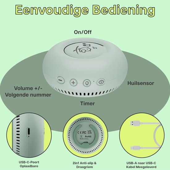 Verte White Noise Machine - 20 Rustgevende Geluiden - Huilsensor - Timer - Oplaadbaar Via USB-C - Draagbaar Slaapapparaat Met Slaapliedjes - Natuurgeluiden En Witte/Roze/Bruine Ruis van Verte — afbeelding 3