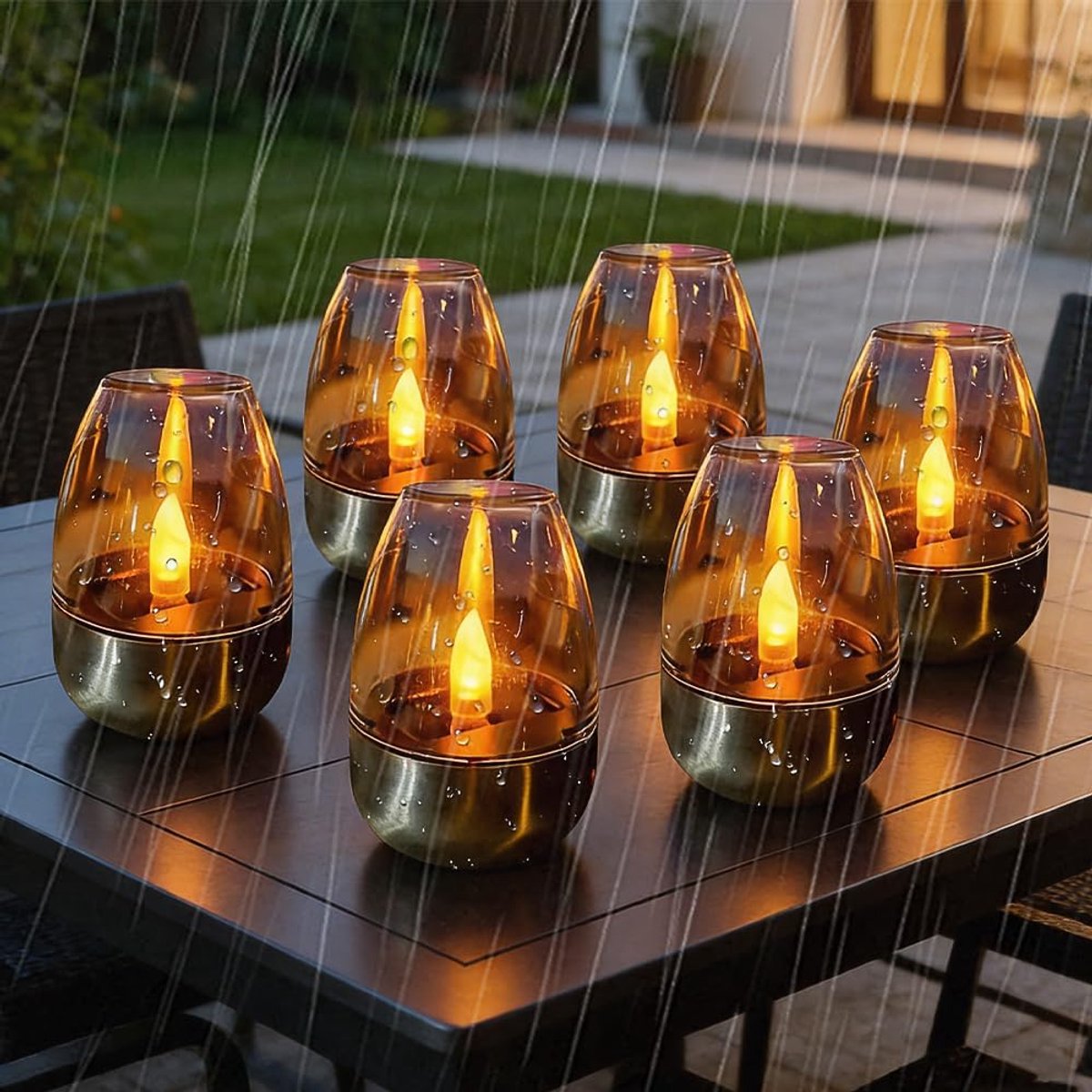 KZQ Set van 6 LED-kaarsen en elektrische theelichtjes - Theelichtjes op zonne-energie voor buiten - Oplaadbare knipperende theelichtjes op zonne-energie - Waterdicht - Geschikt voor weerbestendige decoratie in tuin, terras of balkon