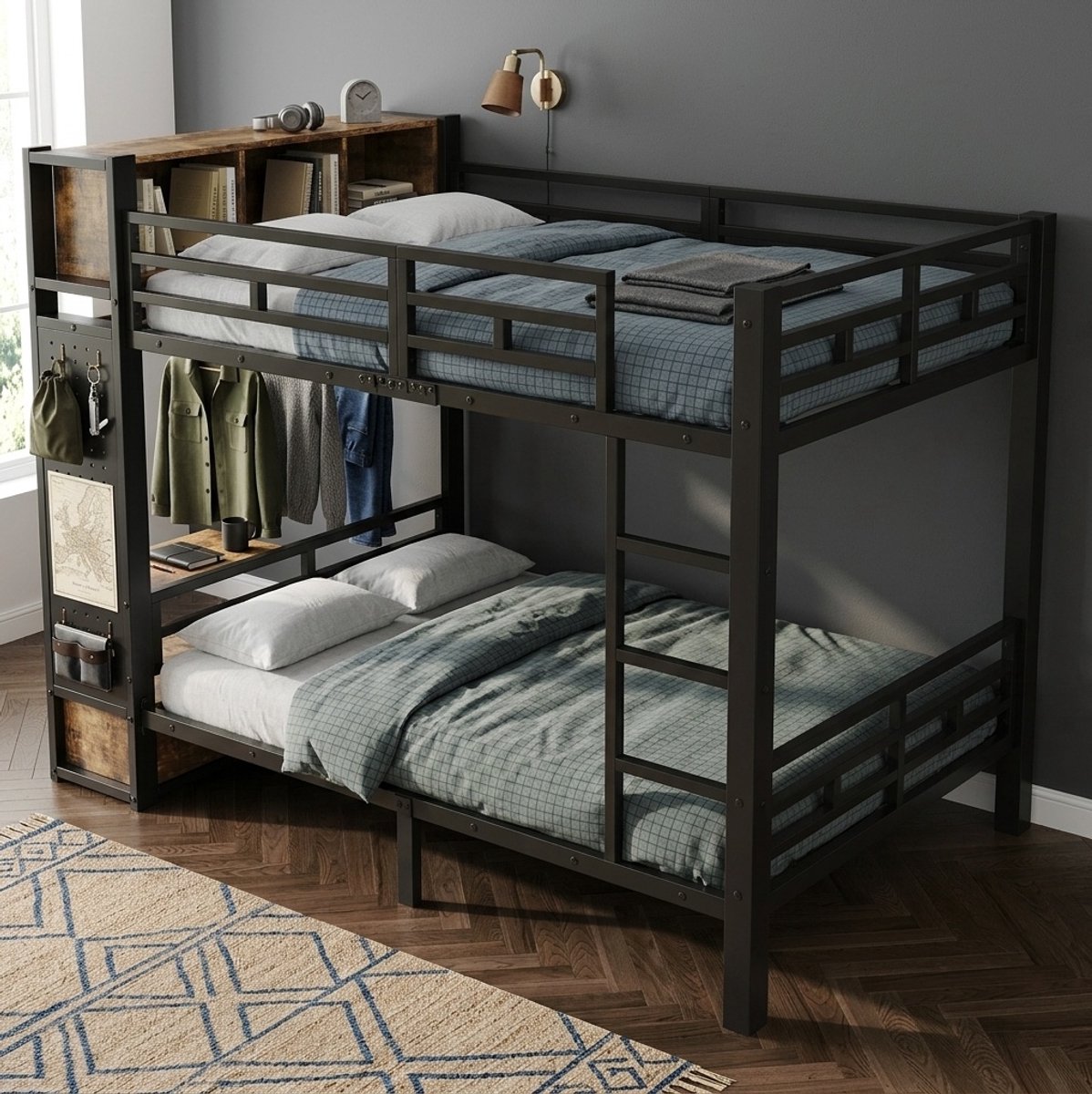 COVREO Etagenbed met stauraum – Stapelbed met kleiderstang – kinderkamer – 234x126x177 cm – Black + Dark Walnut - zonder matras Zwart