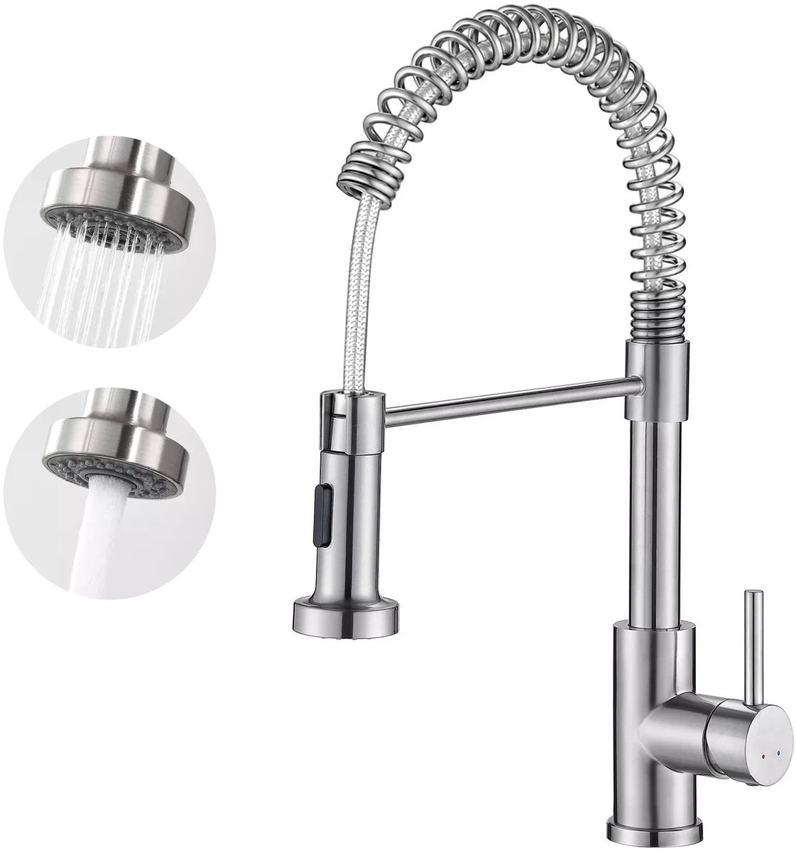 Wishdor Keukenkraan met flexibele veer - Uittrekbare sproeikop - RVS mengkraan voor warm en koud water - Twee waterstanden - Zilver - L 20,4 x B 5,2 x H 42,5 cm