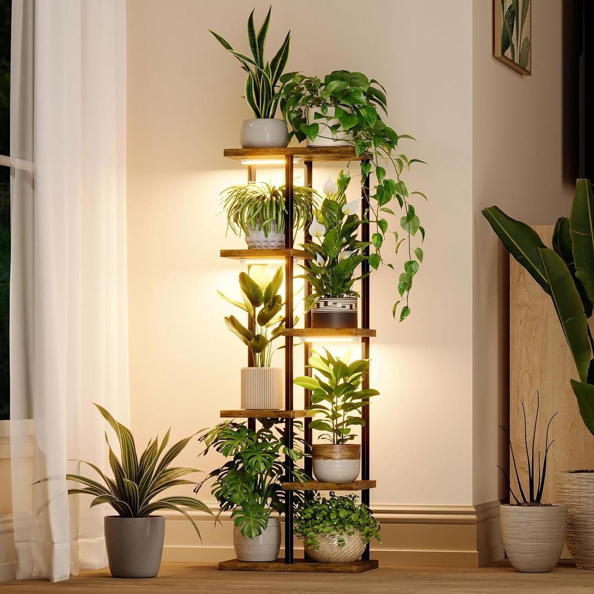 Plantenrek met groeilicht - Bloemenstandaard - Planten verzorgen - 6-laags design - 157 cm breed - Zwart bruin