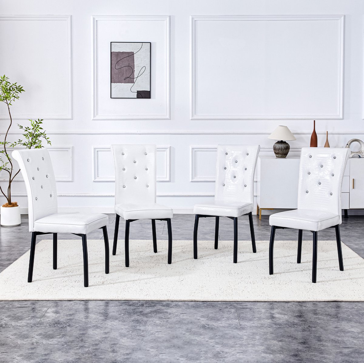 DESMIU Eetkamerstoel - Normale Eetkamerstoel - Set Van 4 - Zachte Zitting Met Kristalknopdetails - Voor Eetkamer En Keuken - Kunstleer Wit En Zwart