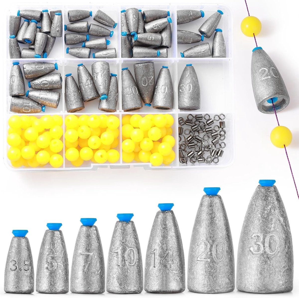 50 Stuks Vissen Gewichten Set met 8 Maten, Perfect voor Karpervissen, Dropshot Vissen en Inclusief 100 Maïsvis Kralen en 20 Visswivels