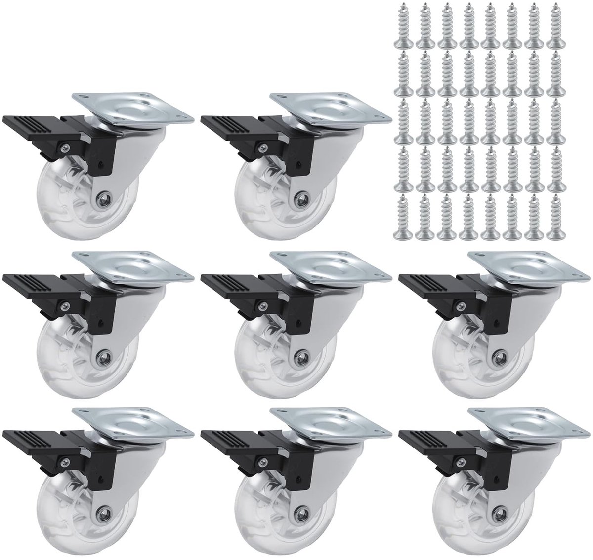 Set van 8 Meubelwielen 50mm met Rem, Duurzame PU Wielen met Stalen Lagers voor Zware Meubels, Geluidsarm en Krasbestendig voor Laminaat en Parketvloeren
