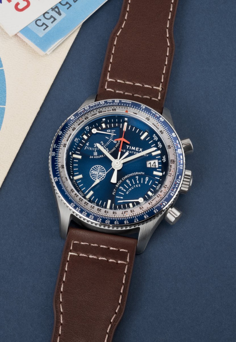 Timex Pan Am X Timex Fly-Back Chronograph 43Mm Leather Strap Watch Quartz Chronograaf Horloge Bruin Kast Gemaakt Van 100% Roestvrij Staal En Een Armband Van 100% Leer 43 TW2W97200YH