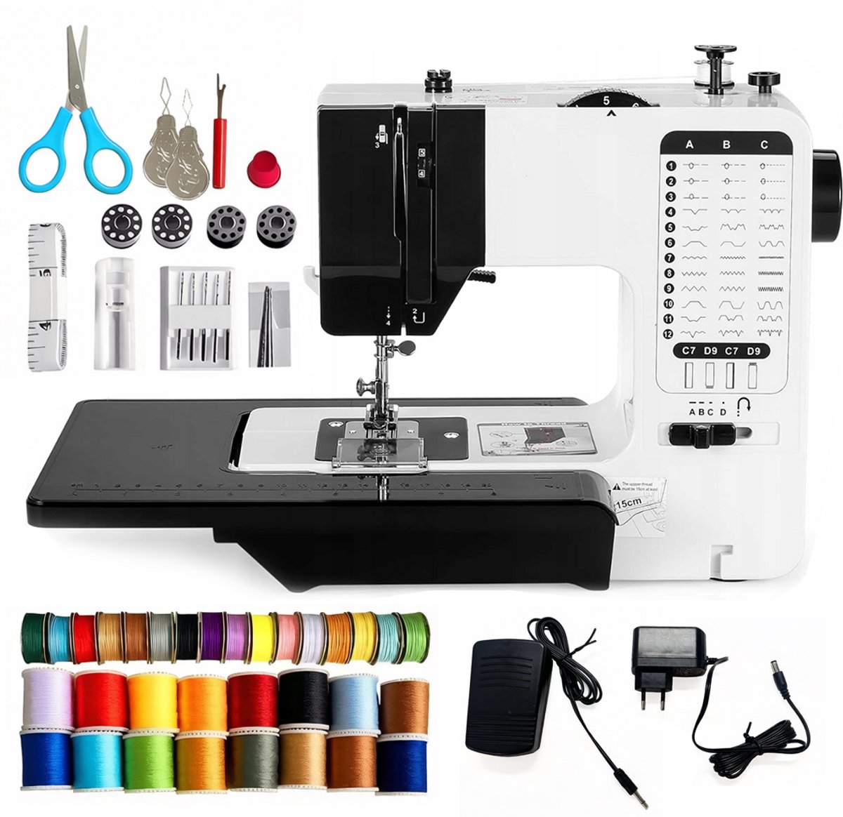 Tafelnaaimachine - Naaimachine voor thuisgebruik - 38 naaiprogramma's - Complete naaimachine met accessoires - Multifunctionele automatische overlockmachine - Geschikt voor beginners