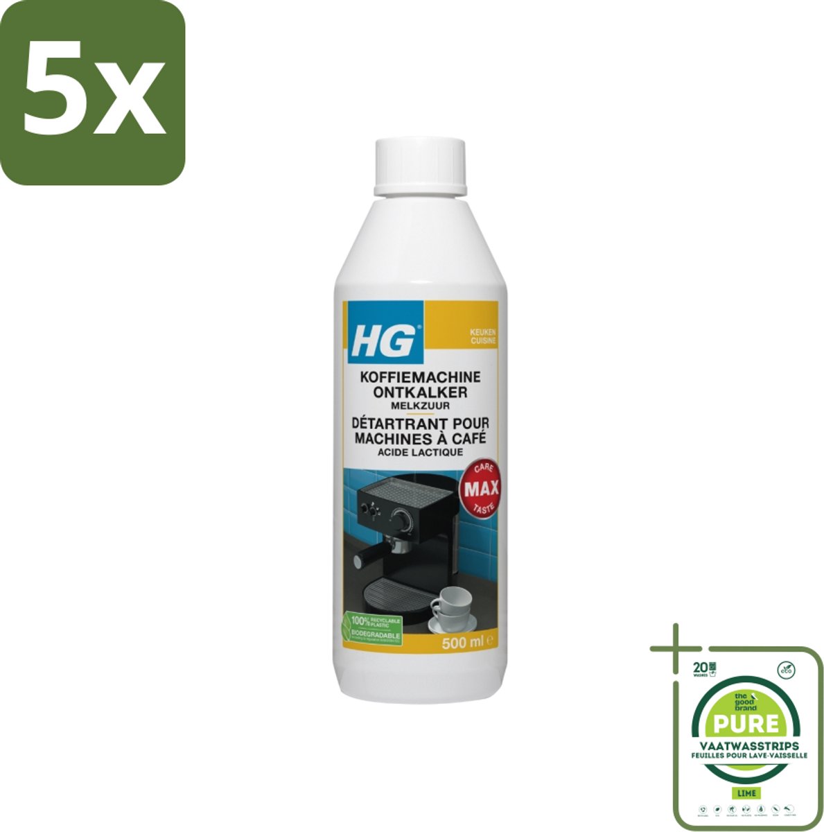 5 x HG Koffiemachine Ontkalker Melkzuur 500 ml - Grootverpakking - Koffiemachine Ontkalken - Ontkalker Melkzuur - Koffiemachine Schoonmaken - Espresso Ontkalken - Padkoffie Ontkalken