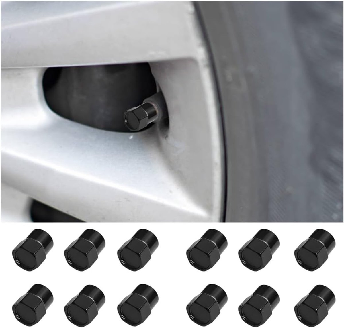 Set van 12 Aluminium Ventieldoppen met Zeskantige Afsluiting voor Auto, Motor en Fiets - Stofdoppen voor Bandenventielen in Zwart
