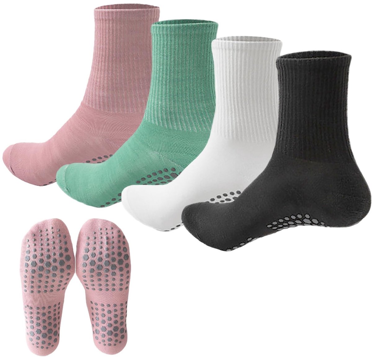 Elzusha - Set van 4 Antislip Yoga Sokken voor Dames met Grip