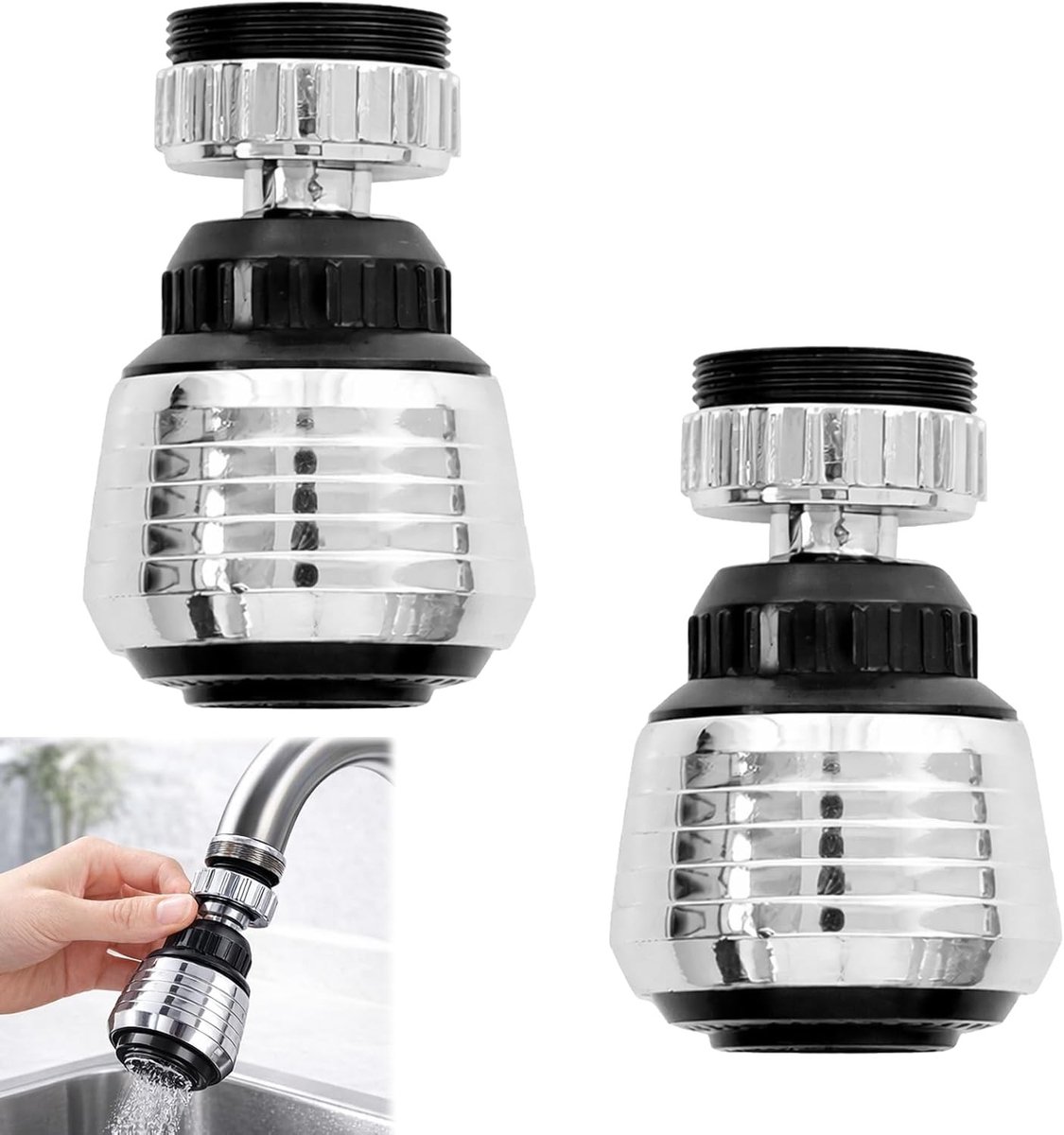 Set van 2 360° Draaibare Kraanaccessoires voor Keuken – Waterbesparende Jet Controller met Spray- en Jetmodus, Hoogwaardige Waterfilter voor Badkamer en Balkon