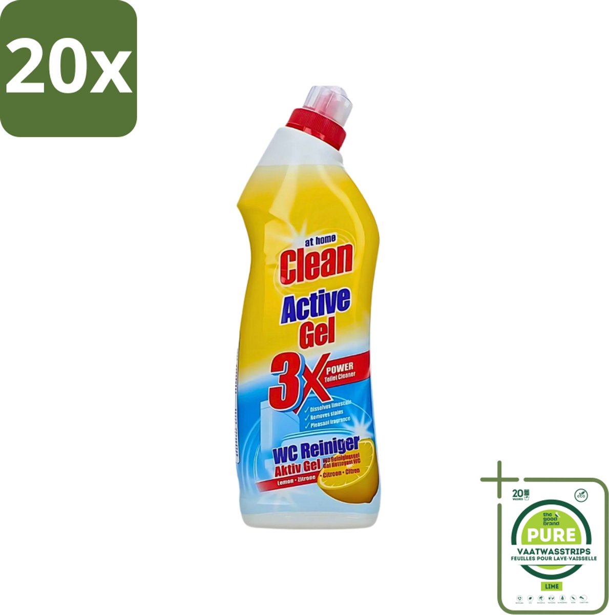 20 x At Home - Clean - Active Gel - Toiletreiniger - Lemon - Extra Krachtig - 750 ml - Grootverpakking - Toiletreiniger - Kalkverwijdering - Frisse Geur - Toilet Reinigen - Toilet Reiniger