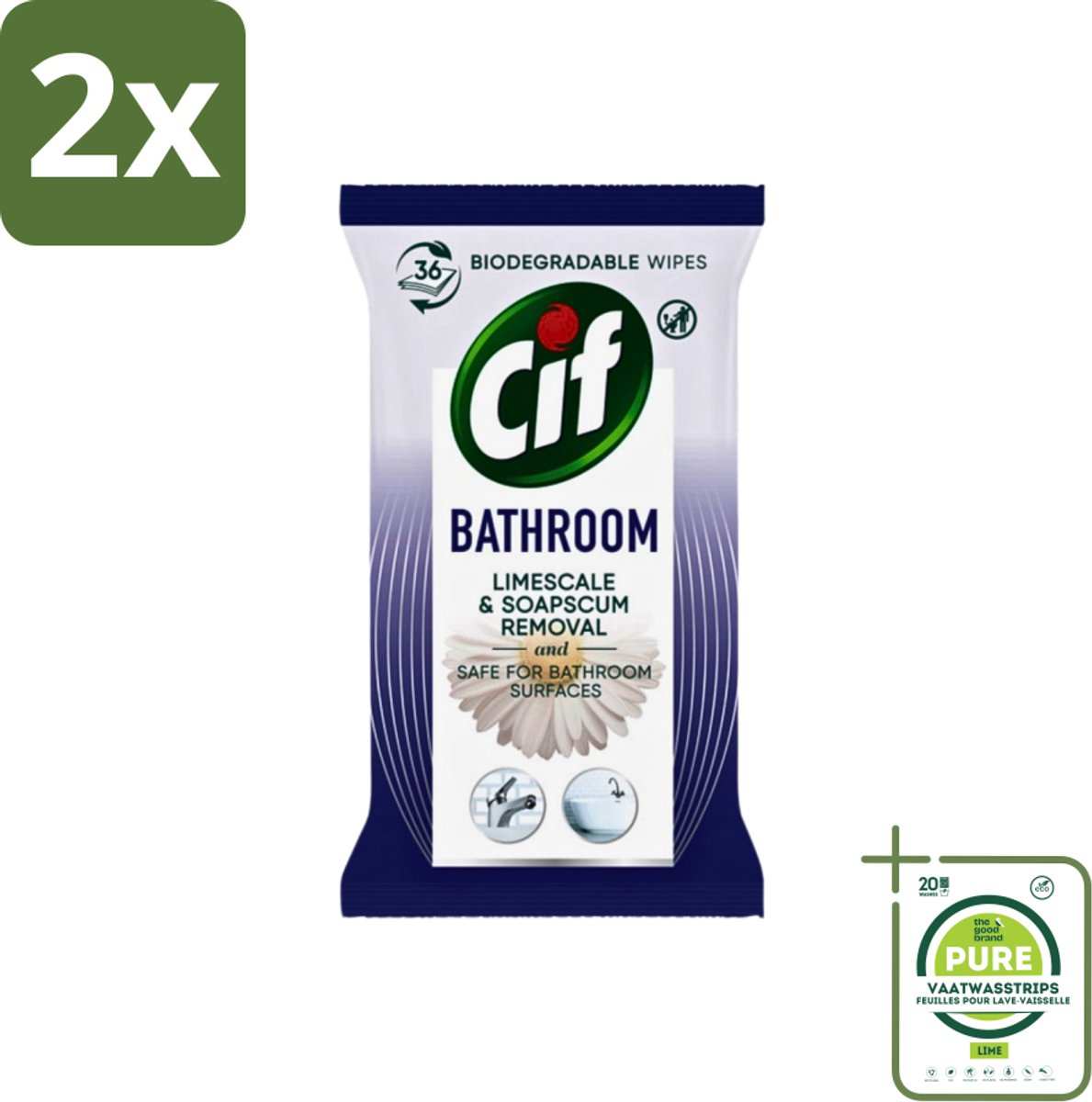 Cif - Badkamer - Hygiënische Doekjes - Kalkaanslag & Zeepresten Verwijderen - 36 stuks per verpakking - Voordeelverpakking - 2 stuks - Badkamer doekjes - Hygiëne doekjes