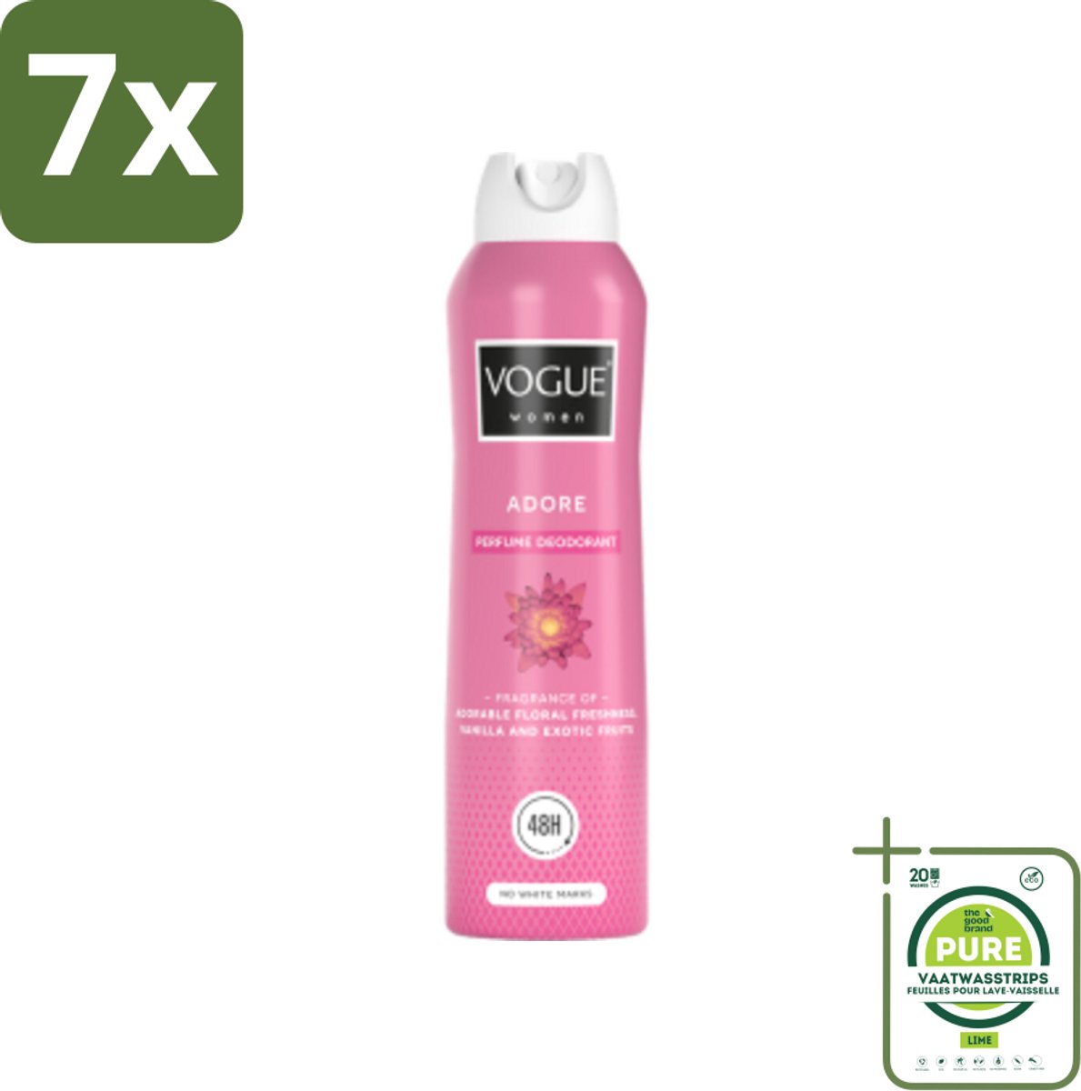7 x Vogue Adore Parfum Deodorant 150 ml - Grootverpakking - Parfum Deodorant - 24 Uur Bescherming - Bloemige Geur - Tropisch Fruit - Amber En Vanille