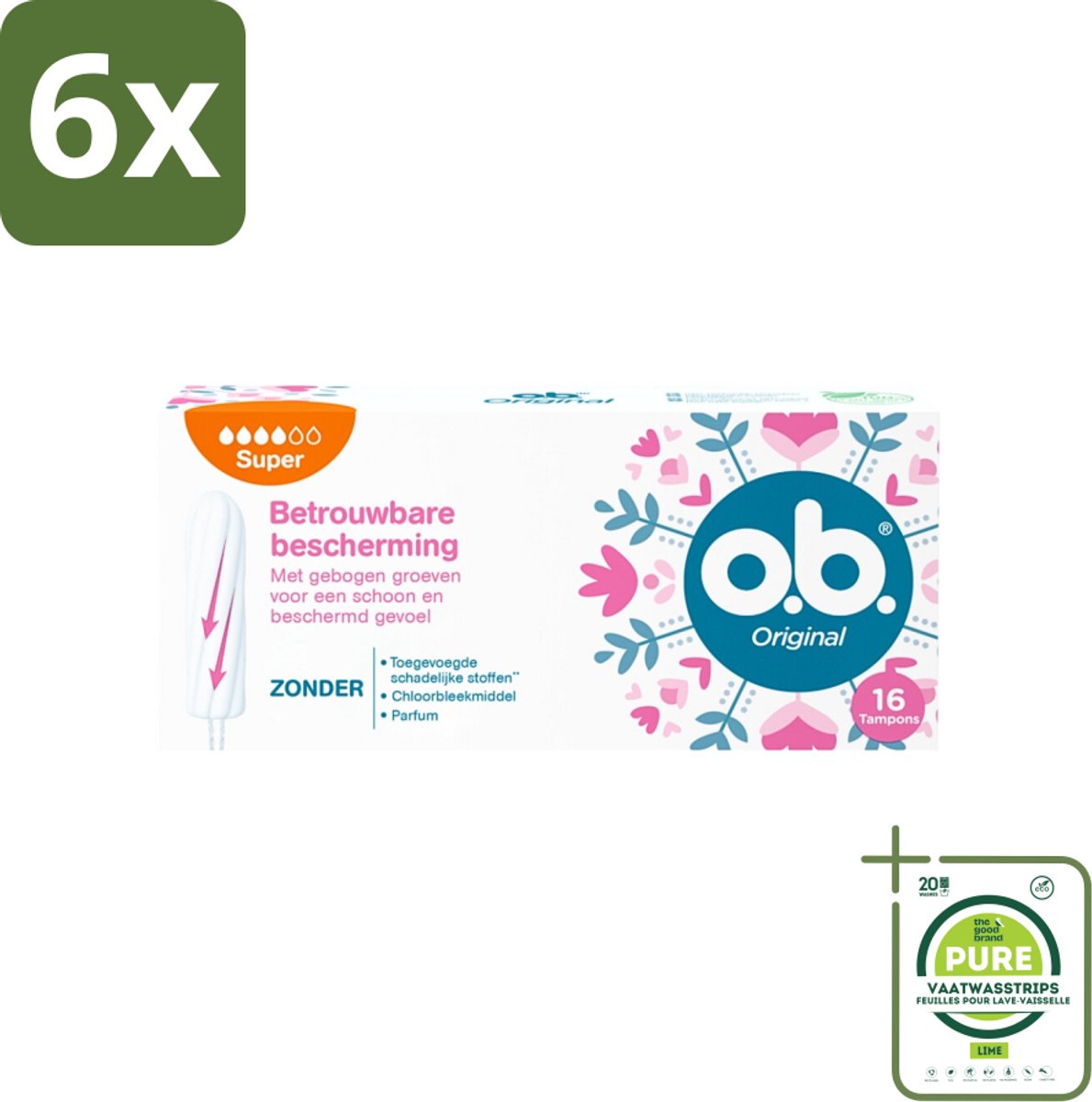 o.b. Tampons - Original Super - Gebogen Groeven - Voor Betrouwbare Bescherming - 16 Tampons - Voordeelverpakking - 6 stuks - Tampons - Menstruatiebescherming
