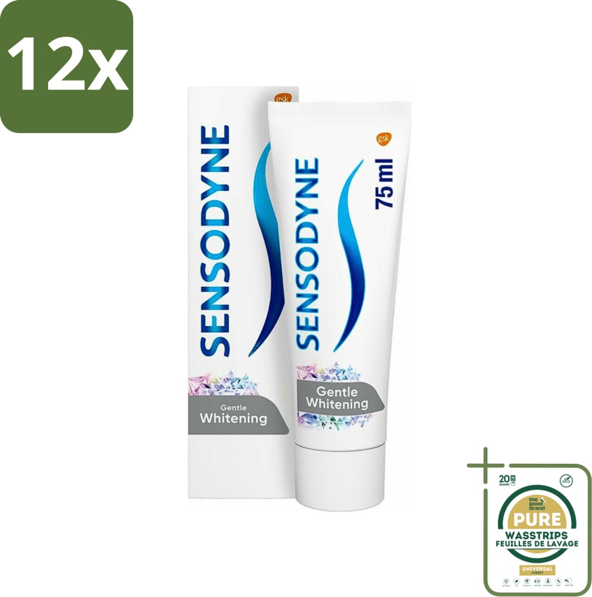 Sensodyne - Tandpasta - Gentle Whitening - Milde Reiniging - 75 ml - Voordeelverpakking - 12 stuks - Witte tanden - Glazuur beschermen