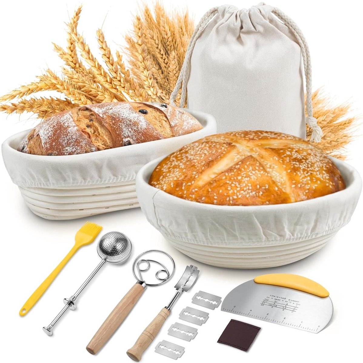 Broodmand Set - Rijsmandjes Bakken - Brood Bakken - Compleet met Gereedschap - 23 & 24.5 cm - Natuurlijk Bruin