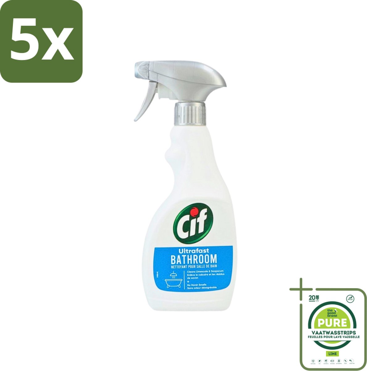 5 x Cif - Badkamer Spray - Cream - Supersnel - 500ml - Grootverpakking - Badkamer Reinigen - Kalkaanslag Verwijderen - Zeepresten Verwijderen - Badkamer Schoonmaken - Badkamer Spray