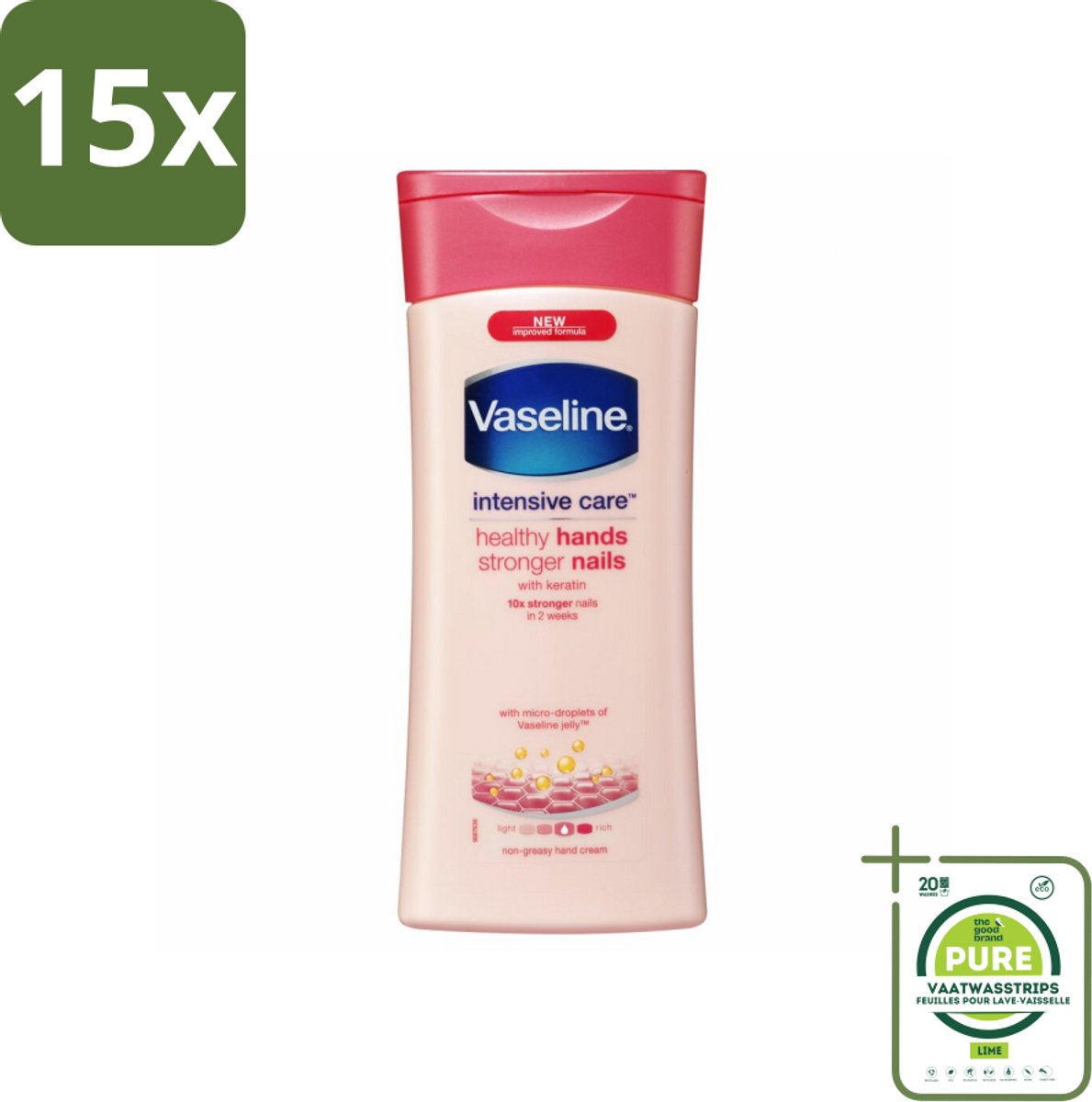 15 x Vaseline Handcreme Healthy Hands & Stronger Nails 200 ml - Grootverpakking - Handcrème - Nagelversterking - Keratine - Hydratatie - Handverzorging