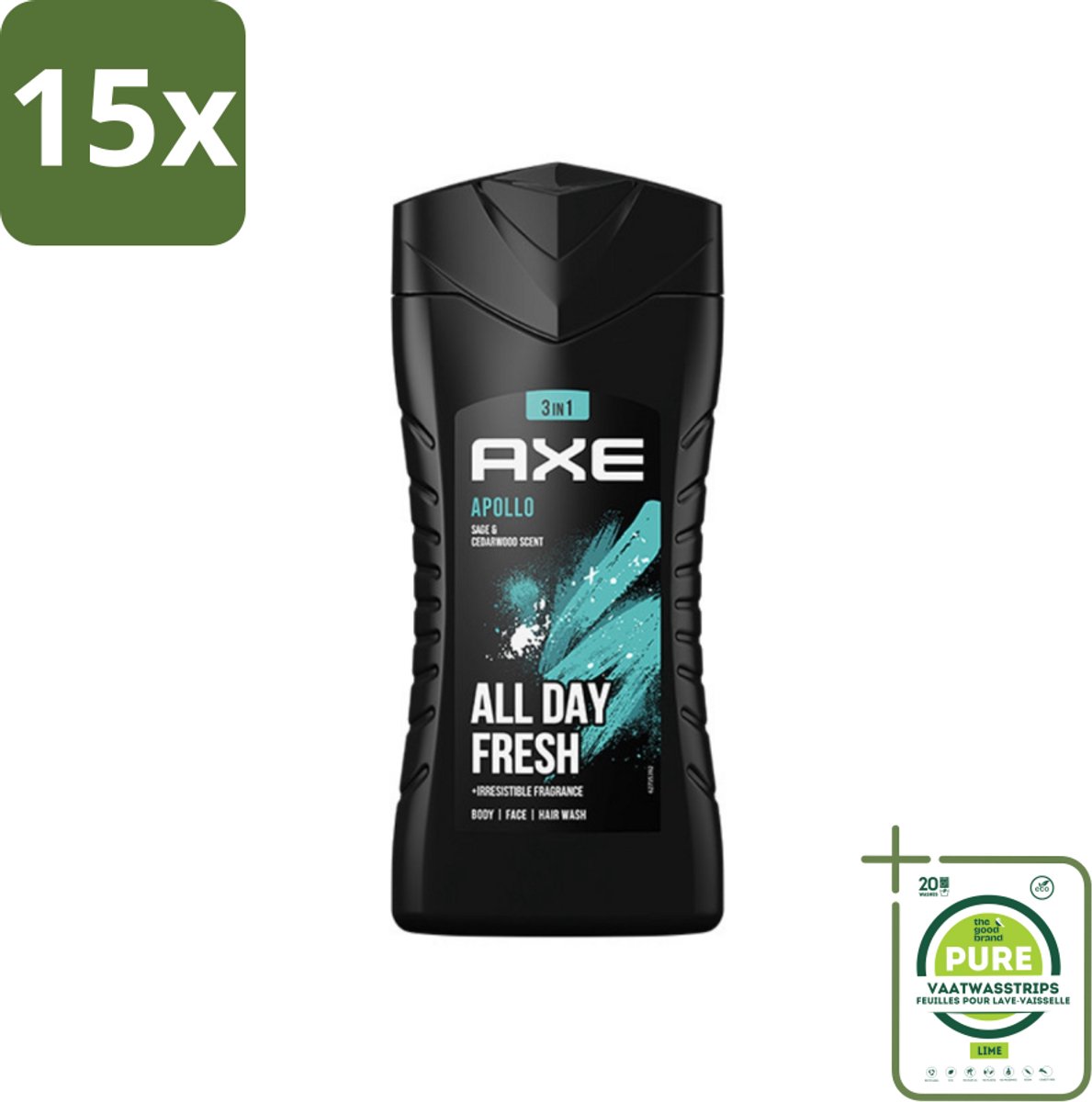 15 x Axe - 3-in-1 Douchegel - Apollo - Sage & Cedarwood - 250 ml - Grootverpakking - Douchegel - Mannelijke Geur - 3-in-1 - Cederhout - Groen Fruit