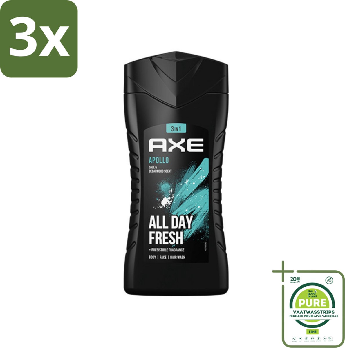 3 x Axe - 3-in-1 Douchegel - Apollo - Sage & Cedarwood - 250 ml - Grootverpakking - Douchegel - Mannelijke Geur - 3-in-1 - Cederhout - Groen Fruit