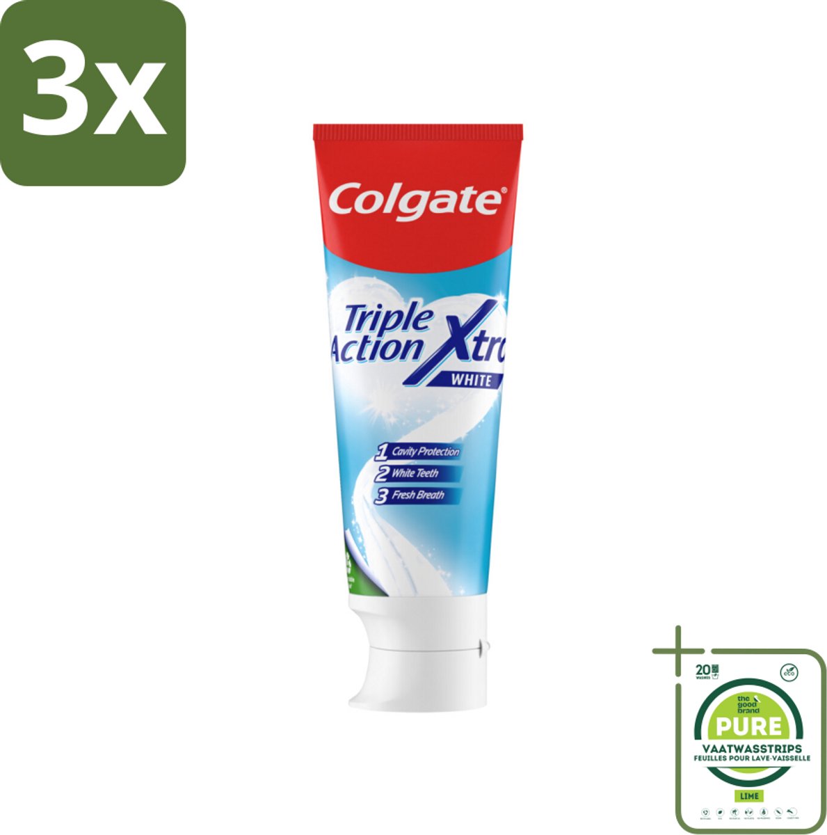 3 x Colgate Tandpasta Triple Action Xtra White 75 ml - Grootverpakking - Tandpasta - Gaatjes - Wittere Tanden - Frisse Adem - Mondverzorging