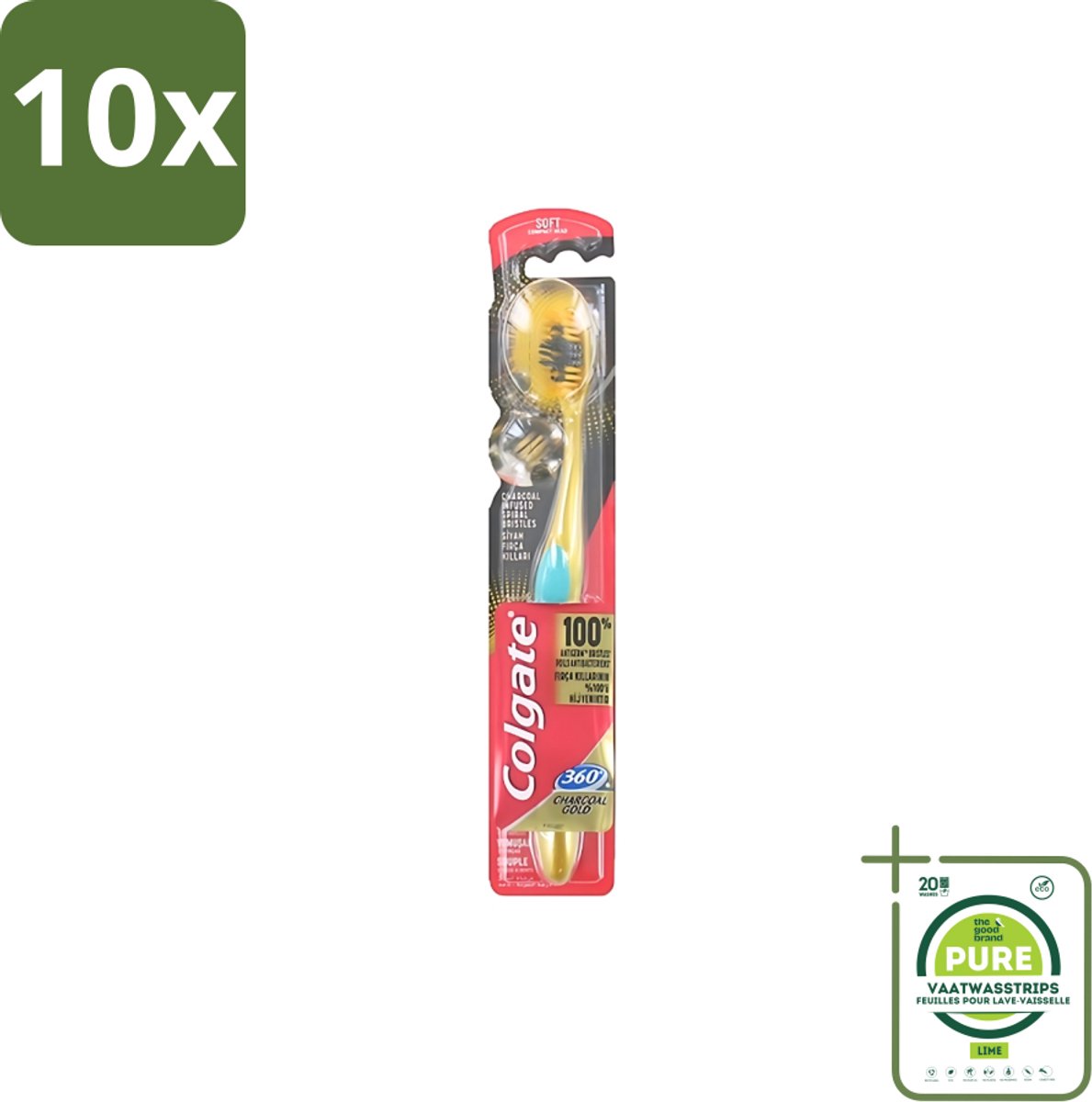 10 x Colgate - Tandenborstel - 360 Charcoal Gold Soft - Zwart/Goud - 1 Tandenborstel - Grootverpakking - Tandenborstel - Houtskool - Tanden Reinigen - Tanden Witter Maken - Tandenborstel Houtskool