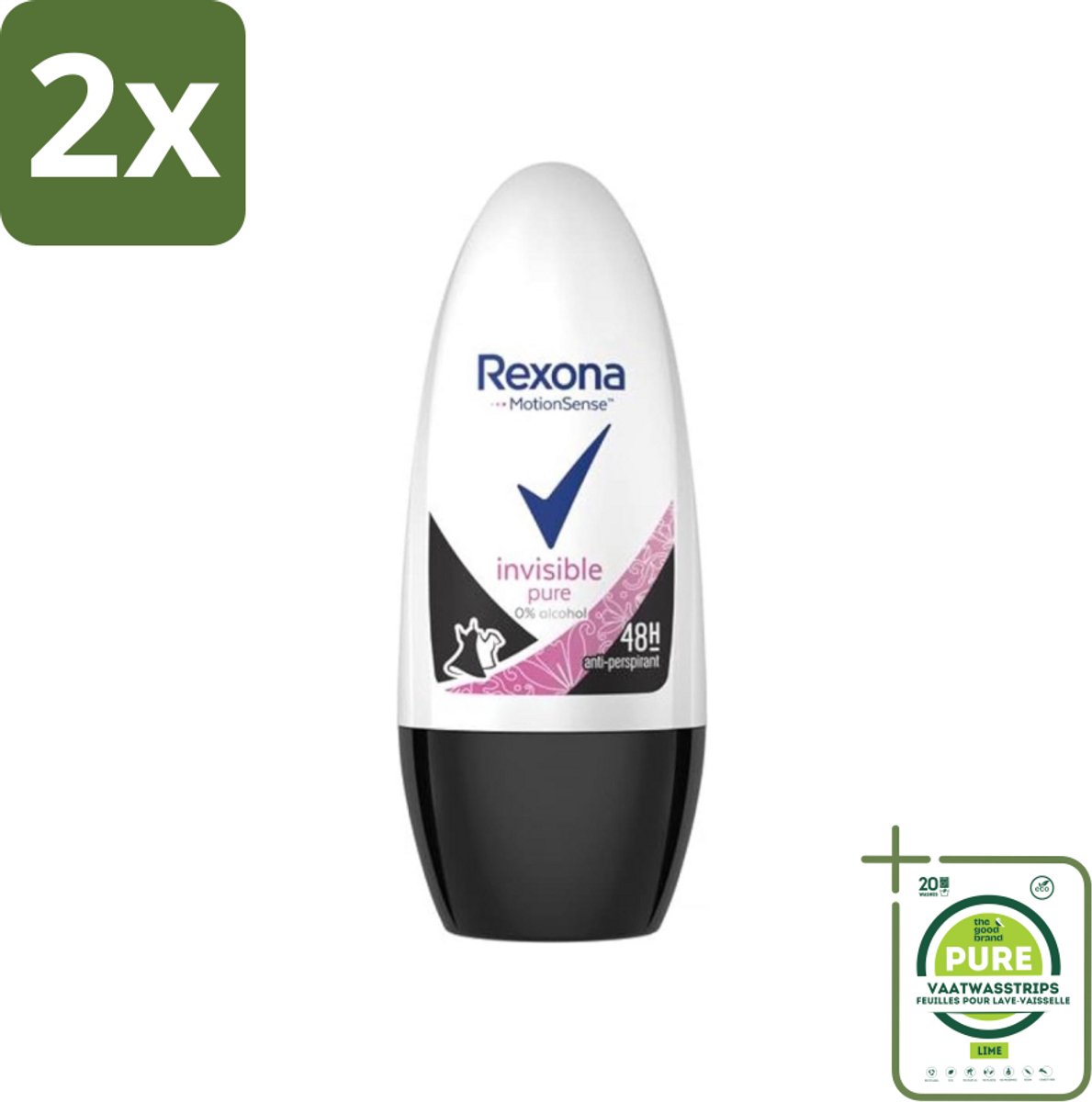 Rexona - Invisible Pure - Deo Roller - Anti-transpirant - Anti-perspirant - 50 ml - Voordeelverpakking - 2 stuks - Deodorant - Anti-transpirant